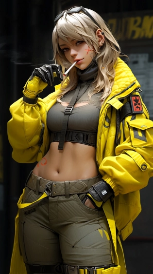 Mortal Kombat Tanya, modern blonde version, cyberpunk, outdoor, street, vivid yellow, hyperrealism, photorealistic, 8k, unreal engine, 3d render --ar 9:16 --niji 5 --style expressive --s 400