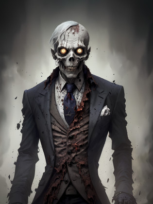 there is a man in a suit and tie with a zombie face, zombie with white eyes, portrait of a zombie, undead. highly detailed, zombie in horror concept art, portrait of a necromancer, evil zombie, undead facial features, undead, cyborg zombie, skeleton in a suit, portrait of the necromancer, dark but detailed digital art