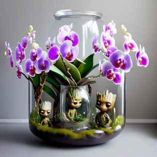 Baby Groot Guardians of the Full-Body Galaxies 
Inside a glass jar with (orchids shaped like birds)