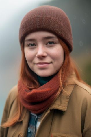 a close up of a person wearing a scarf and a hat, redhead girl, foggy rainy day, avatar image, young himalayan woman, headshot photo, best photography of 2 0 2 1, scratches on photo, 5 5 mm photo, with a round face, [ realistic photography ], by Andrew Robertson, 19-year-old girl, discovered photo