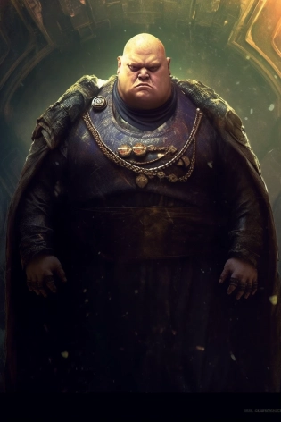 Majestic Baron Vladimir Harkonnen of DUNE, a hyper - realistic full - body portrait of the massive and awe - inspiring Baron Vladimir Harkonnen, his immense weight of two hundred standard kilograms is effortlessly supported by anti - gravity suspensors, reducing his feet's load to just fifty kilograms, he floats imperiously in the air, his back turned to the wide - angle vista of a sprawling, magical desert planet below his feet, his booming voice resonates like distant thunder, and his intricate Harkonnen attire is rendered with meticulous detail, he radiates a domineering aura, emanating an almost divine supremacy, shot in a hyperrealistic photographic style using a Hasselblad H4D 200MS Digital Camera with a Mitakon Speedmaster 65mm f/ 1. 4 XCD lens, the scene is dramatically illuminated by Fresnel lighting, casting deep shadows and accentuating the baron's majestic figure, amplifying his daunting presence