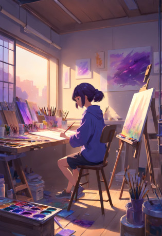 In an art studio,one artist is working in the back, her back is shown. Large art supplies are scattered around the room, creating a sense of creativity and messiness. The scene is immersed in a dark purple ambiance, which adds a mysterious and artistic atmosphere. The art supplies are vividly colored and have a variety of textures, including paintbrushes, paint tubes, canvases, and palettes. There are also unfinished artworks on easels, showing the artist's ongoing projects. The lighting is dim, illuminating only the artist's workspace, creating a focused and intimate environment. The overall image quality is of the best quality, with every detail and texture rendered in high resolution. The style of the artwork leans towards realism, capturing the intricacies of the art supplies and highlighting the artist's dedication and passion. The color palette is dominated by shades of purple, creating a dramatic and moody tone. The prompt focuses on capturing the artist's process and the atmosphere of the art studio, while emphasizing the importance of the art supplies and the artist's dedication.