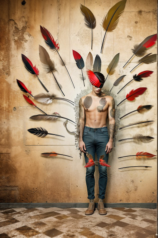 vintage dirty red backdrop, indoor, detailed body, color imagery, (((((full body view))))), a surrealist photo, looking across the shoulder, leaked, naked, from head to toe, homoerotic, there is a young man with a tattoo on his arm, flying teapots, digital art inspired by Victor Surbek, flickr, digital art, mixed media photography, highly conceptual figurative art, photo portrait, feathers growing from arms, photo manipulation, surreal portrait photography, photomanipulation, surrealist photography, digital collage, creative photo manipulation, surrealist conceptual art, standing in front of a wall with arrows, dragonflyes dickprint:1.2, dirty:1, buzzcut, loins