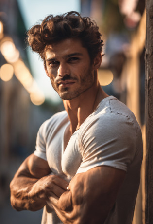 Cinematic soft lighting illuminates a beautiful Brazilian male model with stunning and ultra-realistic details?Foto de corpo inteiro da frente?olhar bonito?messy short brown hair?olhos claros de mel?Sorriso encantador perfeito?Criado sexy?Homem quente?insanamente bonito?That's the trend of ArtStation?Octane is the perfect tool to capture the softest details of this 16k photographic masterpiece?