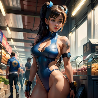 a woman in a blue outfit is standing in a market, cyberpunk art inspired by Masamune Shirow, Artstation contest winner, fantasy art, portrait of chun - li, chun-li, chun - li, chun li, portrait of chun li, seductive anime girl, chun li at the gym, beautiful alluring anime woman, trending on cgstation