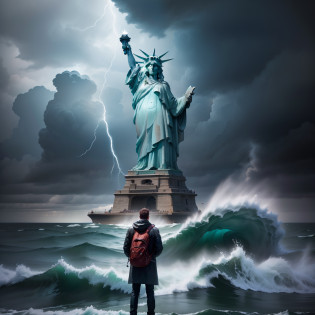 Arafeld man standing on the beach looking at the Statue of Liberty, the sea and storms behind him, Against the wind and waves, standing in a maelstrom, during a storm, a person standing in front of a, Located in the heart of New York City, looking at the ocean, The Statue of Liberty is clearly detailed?statue of liberty at left?The overall effect adds detail?Increase the resolution?Achieve 8K HD  ?Perfectcomposition?