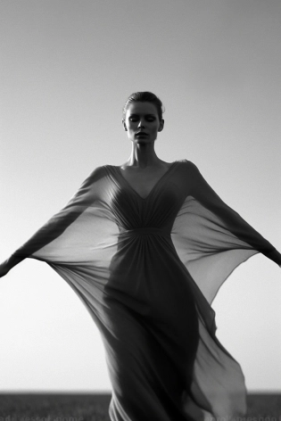 Mood: serenity; atmosphere peaceful; fashion photography; Mario Testino; Female Model full body; design dress; ultralight shapes; detailed skin; beautiful eyes; incredible body composition --ar 2:3 --s 750