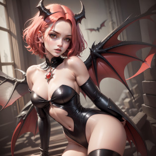 1 menina, succubus, castlevania, (((cabelo curto))), (((short hair)))), cabelo vermelho, ruiva, asas de morcego, asas grandes, big bat wings castlevania, 30 anos, espartilho preto, look of malice, olhar SENSUAL, corpo exposto, mostrando corpo, dinamic angle