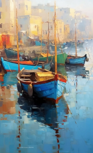boukaabka port, blue fishing boats a city scene, in the style of the snapshot aesthetic, claude monet, impressionism, authentic details, lively coastal landscapes --ar 160:263