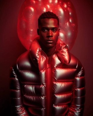 well lit fashion shoot portrait of handsome man wearing a metallic red inflatable oversized bubble puffer jacket designed by yeezy and balenciaga, sharp focus, clear, intricate, cinematic, glamourous, symmetrical, soft lighting, indirect lighting, vogue, editorial, fashion, magazine shoot --ar 4:5 --q 2