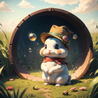 Cartoon rabbit in a hat, bubbly scenery, cunning, cover of a magazine, large view, [ [ soft ] ], soft coloring, [ conceptual art ]!!, Cartoon Cute, Cute rabbit, Inspired by Xiao Yuncong, edgBunny?Chinese wind?Pictures?grass field?a blue sky?baiyun? --auto