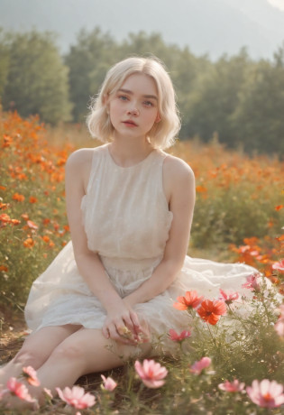 Very short hairstyle,Little fat girl,Cosmos Field,(((Cosmos blooms profusely))),(((cosmos))),Autumn sunshine pouring down from behind?The atmosphere of Elle Fanning,tiarra,cotton dress,(((thighs thighs thighs thighs))),bare-legged,white  hair,Curly,angry looking face,12-year-old girl,short-haired,soft sunlight,(((birdseye view))),Sauce order,up of face,Kamimei,(((hitornfreckles))),medium shot