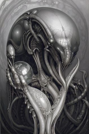 a masterpiece, <lora:Biomechanicals_v2_lora1500:0.5>, <lora:alien_lora:1>, an MC Escher drawing 