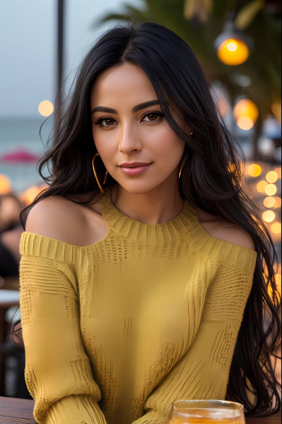 Photo by (SH0HREH:0.99), a beautiful woman 36 years old long black hair, enlarged close-up in tight crop portrait, sitting at a (table on a seaside boardwalk caf� bar drinks cocktails:1.2) wearing a (sexy off-shoulders sweater:1.3) (drinks on the table:1.3) (Lighting-Gold:1.2) foreground objects background details (masterpiece:1.2) (photorealistic:1.2) (bokeh:1.2) (best quality) (color gradation) (detailed skin:  1.3) (intricate) (8k) (HDR) (cinematic lighting:1.3) (sharp focus)
