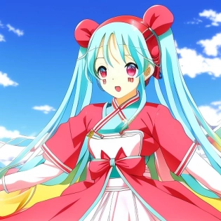 anime art style, hatsune miku in cherry theme hanbok clothes with bright colors, with beautiful hairstyle, 8k hyper detailed