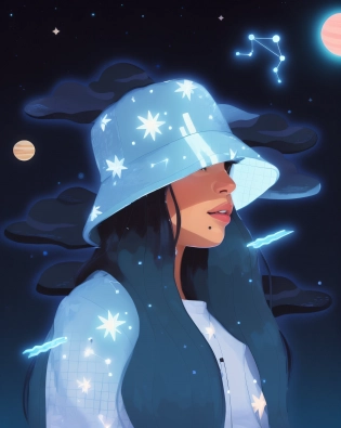 a close up of a woman wearing a hat and a blue jacket, jen bartel, ?????, illustration style, 2 d illustration, 2d illustration, in style of digital illustration, dreamy illustration, 2d digital illustration, dressed in stars and planets, procreate illustration, by Andr�e Ruellan, in style of laurie greasley