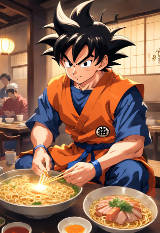 Dragon Ball Goku?ape, Full body portrait?of a real?Facial features are carefully drawn?Realistic skin texture?Dark style?depth of fields?highlight?Real Light?Ray traching?OC rendering?Hyper-realistic?best qualtiy?8K?Works of masters?super-fine?Detailed pubic hair?Correct anatomy?sharp focus on eyes?Facial features are carefully drawn. Goku enjoying Chinese noodles at a restaurant
