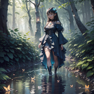 Numerous award-winning masterpieces, with incredible detail, textures and maximum detail, (Slim witch in black), (Slim female wizard in black), Gentle eyes, (She has a mischievous smile on her face), Friendly and girlish face, Glass earrings on the ears, ((((Full-length portrait)))), ((((full-body standing image)))), ((((gives full-body standing image)))), (Around her neck is a simple necklace of exquisite workmanship, ((looks up)), ((looking down)), Alchemist's room, Alchemist's workshop, Alchemist's laboratory, Ruins of an old castle, Ruins of an ancient castle, Deserted ruins, crumbling ruins, Ruins with clear puddles, Ruins with clear ponds, Ruins with clear calm water, Old ruins with clear water, twilight, sunset, dusk, wavelets, ripple on water, running water