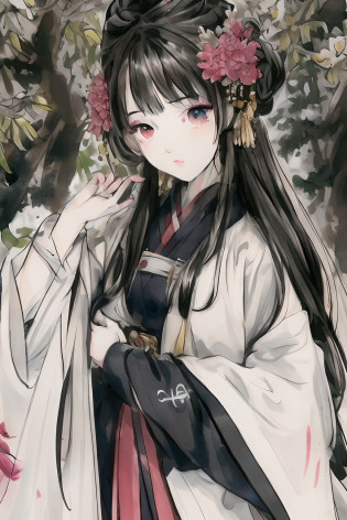 shuimobysim, (white background:1.4), ((tachi-e)), original,(illustration:1.1),(best quality),(masterpiece:1.1),(extremely detailed CG unity 8k wallpaper:1.1), (colorful:0.9),(panorama shot:1.4),(full body:1.05),(solo:1.2), (ink splashing),(color splashing),((watercolor)), clear sharp focus,{ 1girl standing },((chinese style )),(flowers,woods),outdoors,rocks, looking at viewer, make happy expressions,soft smile,pure,beautyfull detailed face and eyes,beautyfull intricacy clothing decorative pattern details, black hair,black eyes,