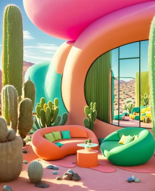cactus plants and a couch in a desert setting with a round window, futuristic in the desert, googie kitsch aesthetic, trending on pinterest?maximalist, surreal design, in a futuristic desert palace, perfect maximalistic composition, in a candy land style house, inspired by Mike Winkelmann, surreal colors, maximalist sculpted design, pastel vibe, rounded architecture