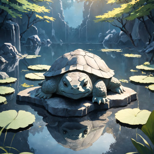 Best quality, masterpiece, anime style,A gray granite statue in the shape of a turtle?granite?turtle?Below is the pond,lotus?lotus leaf?Statues make up 10% of the screen