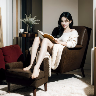 there is a woman sitting in a chair reading a book, comfortable chair, cozy arm chairs, in a comfortable chair, very cozy], designed for cozy aesthetics!, sitting in bedroom, very cozy, sit on chair, Lazy, sitting relax and happy, cozily, armchair, sit on chair, sitting on an armchair, sitting on an armchair, comfortable
