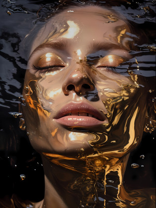 Imagem de uma mulher com os olhos fechados e o rosto coberto de tinta dourada, Draped in shiny golden oil, hyperrealistic oil painting, ultra realistic oil painting, hyper real oil painting, hyperrealistic oil painting, hyper - realistic oil painting, Beautiful acrylic fluid portrait, pintura digital hiper-realista, ultrarealism oil painting, hyperrealistic oil painting