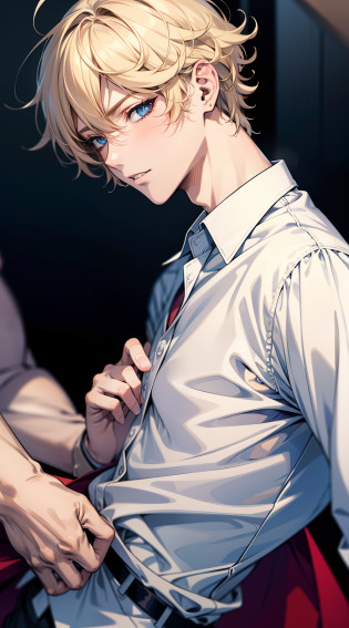 superfine illustration,masutepiece,Animated,1boy,man,Man's,gay,Yaoi,Guy,man,Man's,Short hair,Curly hair,Parted bangs,Blonde hair,Blue eyes,White skin,white  shirt,