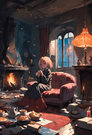 A woman drinking tea in front of the fireplace. Dans le style de Adrian Ghenie, Minimalisme inkpunk. Dans le style Tim Burton. Neogothique.