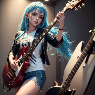 araffe woman with long hair playing guitar and posing for a photo, rocking it, dreamy rock girl, photo from a promotional session, guitarist, action glamor pose, rock star, girl plays guitar, punk-rocker, holding electric guitars , headbanging , holding an electric guitar, guitar solo, holding an electric guitar, holding an electric guitar, blue hair, brown eyes, ripped jeans, white t-shirt, leather jacket, side lighting, best quality, high resolution, portrait , 50 mm, Full Frame, 4k resolution