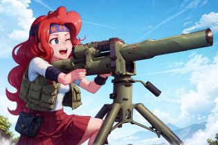 masterpiece, best quality, 1girl, solo, <lora:tow-concept-richy-v2:1> towlauncher, aiming, tripod, scope, one knee, <lora:mlp_pinkiepie-11:1> mlppinkiepie, shirt, skirt, leaning forward, :D, one eye closed, vest, military, headband