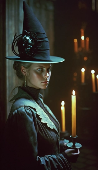stylish witch hat, woman, night time, woman holding a Candelabra with lit candles, art deco, inside monestary, cinematic lighting, kodak portra 600 --ar 9:16