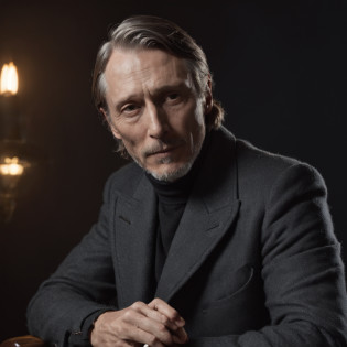 The Arafeld man sat in a chair in the dark room, Mads Mikkelsen, mads mikkelsen smoking cigarette, wearing a turtleneck and jacket, editorial photograph, Greg Rutkowski's style, author?Adam Sachs, photoshoot, Ian Hubert's style, Aiden Gillen, Inspired by Alaskair Grant Taylor, inspired by Harrington Mann, author?John Murdoch,Holding a badminton racket,On the pitch