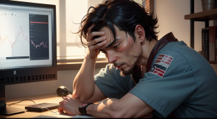 (Digital Painting)?(top-quality)?Man crying in front of monitor?One man goes crazy?lamentation?The monitor only shows exchange rate charts?There is a monitor and a man in the room?People with Japan?break down crying?One brown-skinned beauty?FX?exchange?Ukiyo-e Art Style?Hokusai's inspiration?Popular deviant art?8K Ultra Real?Pastel Color Schemes?Soft lighting?hopelessness