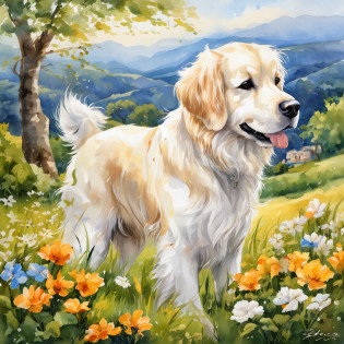 Full body of one adult dog??masterpiece?Outstanding work worthy of award?Outstanding quality?Depiction of a white golden retriever?Attractive big eyes?Round and big eyes?Eyes with outstanding beauty?Realistic drawing of big eyes?Deep, shining eyes?Dog illustration production?Beautiful background?A garden bathed in warm sunlight?Variegated flowers?Coloring of?Depiction of overgrown grasslands?Expressing the appearance of a slight breeze blowing?Adorable smiling dog figure?Graceful poses and harmony of the landscape?Under the bright blue sky?One with nature?Expression full of vitality?Leveraging Photorealistic Touch?Makes you feel a deep bond with your dog?Create a relaxed atmosphere?Fur that can be drawn in detail?Realistic tactile expression?Beautiful expression of harmony of nature?Bring special moments to life?Weaving beautiful natural scenery?Expression of soft light