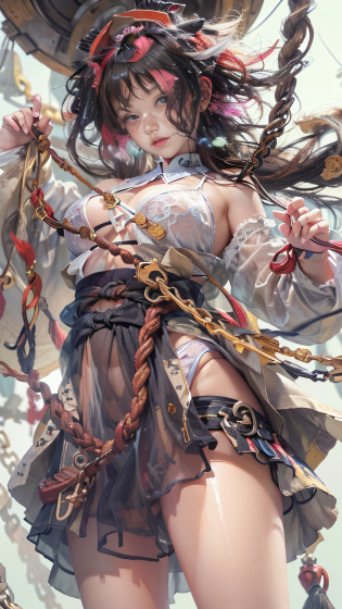 Super beautiful glowing eyes?Girl hanging from the ceiling with her arms tied by a rough rope?perspiring?Ropes tied her body?a wet body?Rough rope that cuts into the crotch?A large amount of fluid flows out of the crotch?Torn bra?Wet white underwear?One leg is suspended above with a rough rope?tied up with ropes?Strongly tied up?Hands tied?legs hanging in shackles
(8K, Raw photography, Top image quality, ?masterpiece: 1.4), The ultra -The high-definition, (realisitic, Photorealsitic: 1.48), Official art, ?? 8k ??, ultra-detailliert, Beautifully Aesthetic, ?masterpiece, top-quality, (Zentangle, Tangles, Entanglement), (Fractal Art: 1.4), (Character Center: 1.3), 1girl in, A dark-haired, Chinese, off shoulders, falda corta, Calf, a navel, ighly detailed, dynamic ungle, cowboy  shot, (Most Beautiful Form of Chaos), Ethereal, (bright colour), nffsw, (half: 1.2), Chinese Big, (Thangka Flying Sky: 1.5), (bow ribbon: 1.3), (Dreams: 1.5), (Han Feng:1.5)?Chinese Dragon?Chinese phoenix?(A smile:0.5)?(chinese deity?)?