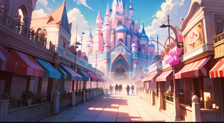 A game scene screen?The main color of pink??Amusement Park???fluffy pink anime clouds?0.8?,fantastical atmosphere ?Perfect quality?Crisp focus?colorfulness?Detailed details background art, A colorful world?super high definition?A masterpiece?Wide Shot --v 6