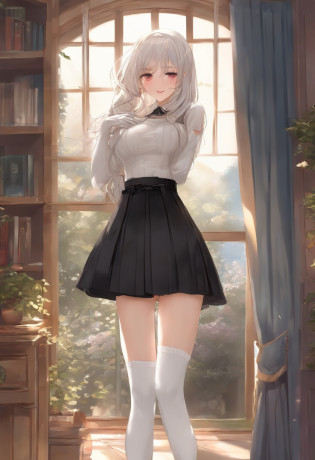 ?masterpiece?Top image quality?high detailing?Detailed beautiful face and eyes?abajour?window?(nighttime scene:1.5)?nighttime scene?(red�eyes:1.2)?Delicate interior design?Longhaire?1girl in?(White hair)?(length hair:1.2)?red blush?(a beauty girl)?cute little?(huge-breasted:1.3)?garterbelts?(A smile:1.1)????Character Center?(Kamimei:1.2)?Big buttocks?Tsuriformes?Small pants? (Curvaceous:1.2)?(Tiny Black Pleated Skirt:1.4)?(a short skirt:1.3)?thick leg?a belt?Blunt bangs?(Sleeveless sweater:1.3)?Adult panties?(White over-knee socks:1.5)?(Squashed:1.3)?(Transverse breasts:1.3)?(White Long Gloves:1.3)?sexypose?Reflecting the whole body