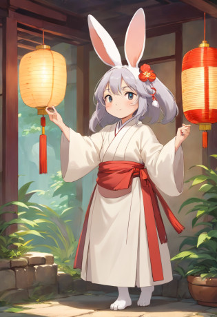There is a rabbit?Chinese round fan in hand, Rabbit, A rabbit, White rabbit, Rabbit_Bunny,, anthropomorphic rabbit, the white rabbit, With a fan, Rabbit ears, Rabbit in Hanfu, Rabbit in ancient Chinese clothes, The rabbit in white Hanfu, Traditional Chinese clothing, with acient chinese clothes, full-body xianxia, Chinese style, Chinese costume, 8K))inspired by Kanbun Master, in style of hayao miyazaki, rabbit face only, studio ghibli filter, edgBunny_Character