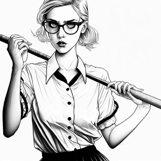 In the style of Tim Sale, Cool girl with glasses, pleated skirt, white dress shirt with rolled up sleves, holding a baseball bat with nails in it, inked outline, comic book drawing, illustration --v 4