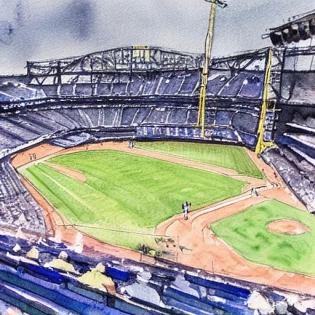 /T-Mobile Park, Mariners Baseball field, Safeco Field, watercolor urban sketching, watercolor sketch, watercolor by Charles Reid, pen and ink, inricate detailed, huper realistic, architectural, 8k, --ar 16:9