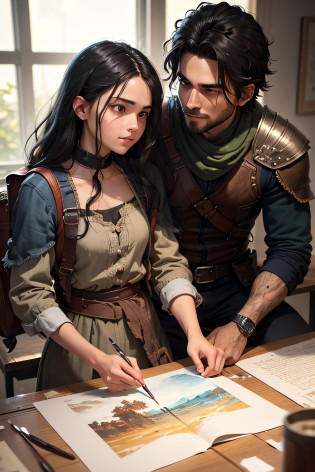 A young protagonist ,with a rugged charm and piercing eyes that reflect determination, Lysander Stormborne carries an air of quiet strength. His tousled, dark hair frames a face marked by the passage of trials, yet his smile holds a glimmer of hope. Clad in worn but meticulously kept attire, he exudes resilience and determination, embodying the spirit of someone who has weathered storms and emerged stronger. , determined eyes and a backpack stands in awe as he meets his female art mentor, a wise and experienced artist with a warm smile. The mentor's eyes twinkle with creativity and knowledge. They sit together, surrounded by the mentor's masterpiece creations, discussing techniques, colors, and the power of artistic expression.show the female mentor with black hair and flower on hair