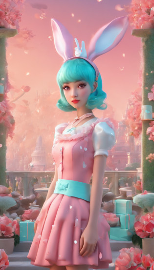 A girl, Tiffany blue hair, Tiffany blue hair, Short hair, (With metal rabbit ear headband: 1.2), full bodyesbian, (Exquisite features: 1.5), Wear a dreamy, surrealist frilled skirt, The color of the dress is a Tiffany blue and pink gradient, There are pink marshmallows around?Like coral, Dance on pink dotted with black butterflies, The overall ambient color is Tiffany, style of surrealism, artistic photograph, in wonderland, Tiffany's dream, Soft dreams, Transparent light, high-definition photography,