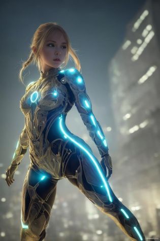 masterpiece, best quality, highres, (photorealistic:1.4), 1 girl, solo, full body, science_fiction intricate_glowing_suit, fighting postures, morden city background,