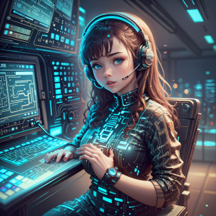 Call center wearing a headset, Rostran 8 K, call center office, cute little woman with small breasts with a little round face working in call center, man with android hands and feet is calling, KPI dashboard is displayed, Rostran and WLOP, futuristic city beyond the window, transparent futuristic table, transparent paso, Cyberpunk Style, Rostran Style, Worksafe --auto --s2