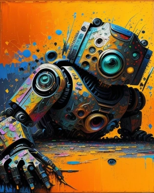 love robotic illustation, abstraction within. low saturation colors and dark stroks, impasto paint, style of Jackson Pollock, withLora(openjourneyLora, 0. 75)