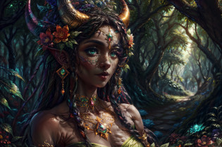 very saturated masterpiece of (((earth spirit druid dryad with ((dark skin)) and two small horns))), (small ornate horns), thin horns, beautiful horns, (shimmering delicate horns), african and japanese features, (((very ((wide and big)) nose))), (big nose), square jaw, hires hair, (very big lips), (exotic features), ((exotic face with strong african features)), strong jawline, soft full lips, (((ornate nature runes on skin))), (delicate nature runes on skin), (((dark hair))), ((part of nature)), petite, beautiful face, big eyes, ((beautiful eyes)), bright colored eyes, realistic, highly detailed eyes, ((unique face)), (extremely detailed eyes), 8k eyes, dramatic facial expressions, elegant hands, ((masterpiece)), (fantasy), fantasy magical forest background, soft lighting, dark green background, (evening lighting) background, (rich colors), deep shadows, artstation trending, midjourney painting, studio lighting, realistic skin texture, high resolution eyes, detailed, highly detailed, small details, hires eyes, magical atmosphere, bold colors, (fantasy atmosphere), (realistic proportions), late evening light, style:dramatic, (mature), (fine lines on face), pretty colors, fantasy colors, (simple clothes), (simple dress), nature circlet, silk, (((simple))), (stunning), (((masterpiece))), huge mossy tree in background, huge tree in background with falling leaves, (detailed background), flowered background, dark green and pink background, ((colorful fantasy forest background)), (boldly colored flowers entwined in hair), dreadlocks, thin dreadlocks with moss, (ornate mossy dreadlocks), ((multicolored flowers)), (((rich colored flowers))), ((pretty flowers)), elegant flowers, intricate flowers, clusters of small flowers in hair, (dark green, teal, purple, pink, orange, deep red, bright blue, glowing lime green flowers), jeweled butterflies, big butterflies, glowing lights, (shimmer), (glimmer), , glimmering body jewels, body glimmer, (solo), very defined eyes