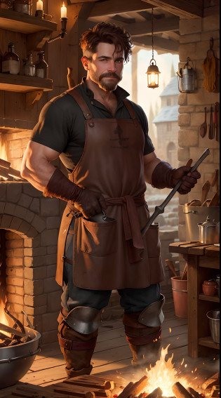 blacksmith holding a hammer working at an anvil, fire, embers, leather apron, medieval, detailed, magical, mouse watching,  fantasy art