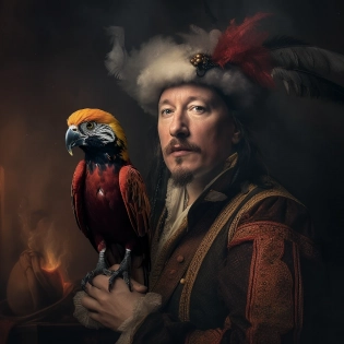 elon musk as a 1700 pirates captain with a parrot on his left shoulder. Cinematic light coming from the left. Surrounded by smoke. Rembrandt style