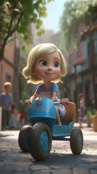 A very cute girl, 6 years old, tricycle, in beautiful street, at sunny day, 3d art, c4d, octane render, ray tracting, clay material, popmart blind box, Pixar trend, animation lighting, depth of field, ultra detailed --ar 9:16 --q 2 --s 300 --v 5